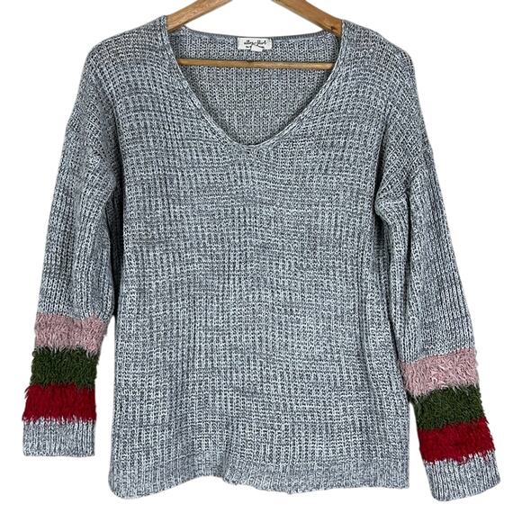 Ultra Flirt Cozy Waffle Knit Sweater Womens L Gray Colorblock Sleeve V-Neck - Picture 1 of 5